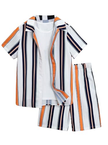 Image of Verdusa Boy's 2 Piece Outfits Striped Print Short Sleeve Collared Button Down Shirt and Shorts Set Orange White 10Y