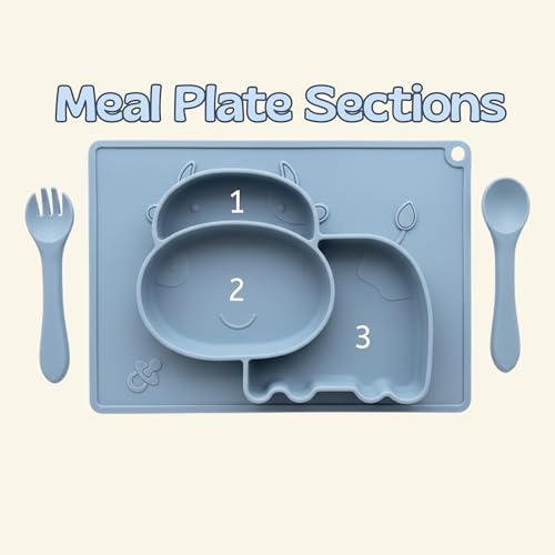 Image of TCK Silicone Baby Meal Plate Set with Spoon & Fork | Hippo Shaped | Blueberry Colour | 3 Section Divided Plate for Toddlers | Food Grade Kids Feeding Set | Microwave Dishwasher Safe
