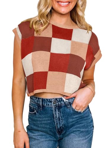 Image of Saodimallsu Womens Cap Sleeve Crop Tops Summer Color Block Going Out Crew Neck Knit Trendy Casual Sweater