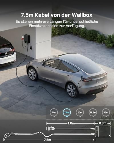 dé Wallbox 11kW mit APP, 7,5m Typ 2 Ladekabel mit Kabelhalter, 3-Phasen EV-Ladegerät (6-16A, 400V), für BEV/PHEV, RCD Type A 30mA AC + 6mA DC & IP54-Schutz, effiziente Ladestation für Zuhause, Schwarz
