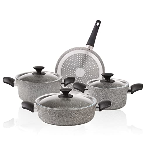 Karaca 7-Piece Granite Induction Cookware Set - Non-Stick Pot and Pan Set, 3 Biogranite Pots with 3 Glass Lids & 1 Granite Frying Pan, PFOA, Dishwasher-Safe, Induction Pot and Pan Set, Grey