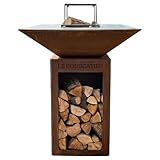 Brasero Plancha en Acier Corten – Barbecue Exterieur avec Rangement Bûches – Design Jardin Terrasse – Modèle Lou Provençau – Grille de Cuisson et Stop Food Inclus   kit allumage Offert