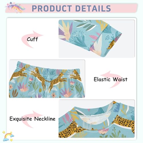 Pajama Sets Long Sleeve Leopard Floral Pattern on Blue Soft Comfy Sleepwear 2 Piece PJS 3-8T4