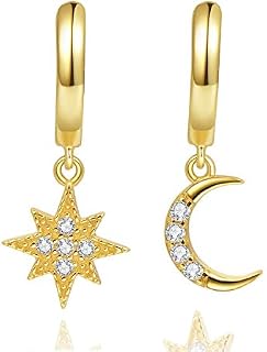 Star Moon Huggie Hoop Earrings, 14k Gold Plated Sterling Silver Small Blue CZ Evil Eye Earrings for Women or Girl