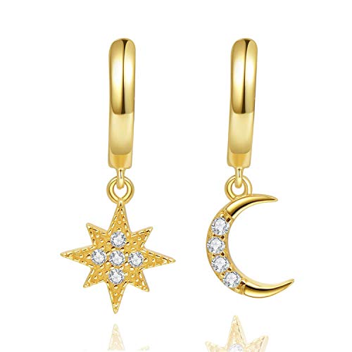 Aretes con forma de argolla Star Moon, pendientes de plata de ley de 14 quilates chapados en oro, pequeños pendientes CZ Evil Eye para mujer o niña (Oro)