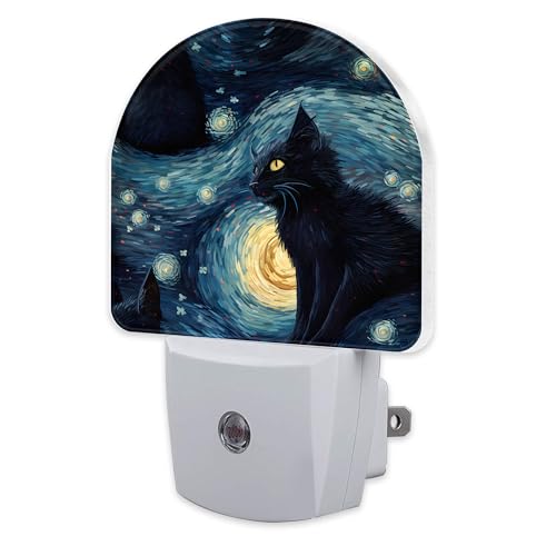 Image of Starry Night Black Cat Night Light Plug into Wall, Abstract Oil Painting Cat Dusk to Dawn Night Light Plug in,0.5w Energy Saving Sleep Friendly Nightlight for Kids Boys Girls Home Decor