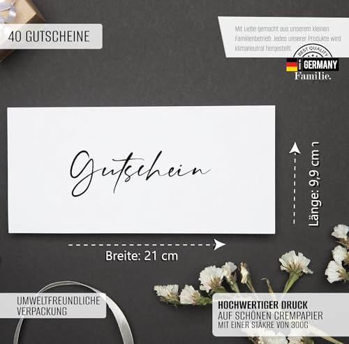 Gutscheinkarten zum Selbstausfüllen (40er Set) | Blanko Gutschein zum Ausfüllen als Vorlage für Massage, Kosmetik, Friseur und Andere - Gutscheinvorlagen Neutral