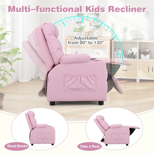 Image of Costzon Kids Recliner Chair with Cup Holder, Adjustable Lounge Chair w /Footrest & Side Pockets for Children Boys Girls Room, Ergonomic Toddler Furniture Sofa, Kids Pink Recliner (Pink)