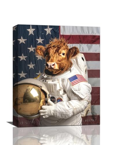 Quorin Funny Cow Astronaut Wall Art Cool Spaceman Pictures Wall Decor American Flag Canvas Print Painting Artwork for Bathroom Living Room Bedroom 16"x20"
