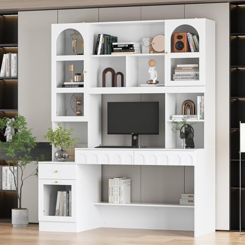 MOUMON Home Office Computer Desk with Hutch and 3 Drawers, Modern Executive Desk with Bookshelf and Glass Doors, Arch Patterns, Writing Table for Study Room, White, 23”D x 62.4”W x 79.1”H