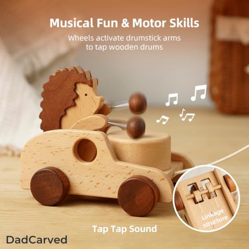 Image of Hedgehog Pull Toy | Montessori Wooden Pull-Along Walking Toy with Wooden Grip Ring | Natural Drumming Sound for Kid Toddlers