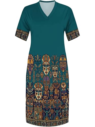 Image of Plus Size Maxi Dress for Women Short Sleeve V Neck Casual Loose Sundress with Pockets