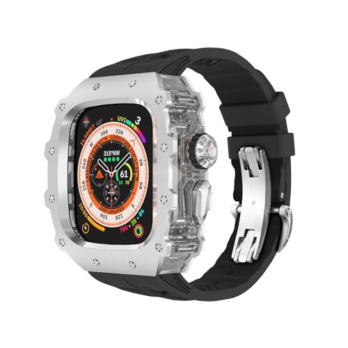 Luxury 316L Stainless Steel Case for Apple Watch Ultra 3/2/1 49mm Fluoroelastomer Band, 316L Stainless Steel Bumper Cover for Mens iWatch 49mm Shock-Resistant Case Replacement FKM Strap (49mm, Silver)