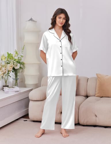 Image of Ekouaer Silk Satin Pajamas for Women Set 2 Piece Short Sleeve Button Up Pjs | Two Side Pockets,Soft Bridesmaid Lounge Set,Bridal Ruffle Sleepwear,Wedding Party,Honeymoon Vacation,Postpartum