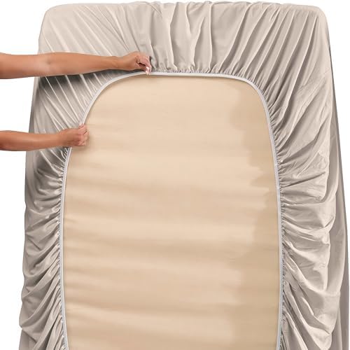 Hearth & Harbor Bed Sheets, Luxury Soft 6 Piece Bed Sheet Set Extra Deep Pocket Fitted Sheets Fits Mattress up to 21", Double Brushed Bedding Sheets & Pillowcases, King, Natrual Linen - Thumbnail 4