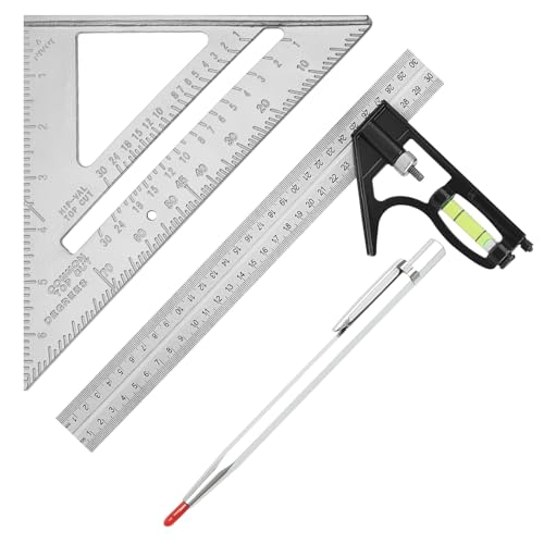 2 Pcs Combination Triangle Rule 12 Inch Combination Square with Spirit Level and 45-90 Degree Marking Speed Squares 7 inch with Marking Pen for Accurate Measurement