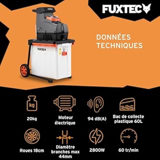 FUXTEC Broyeur de végétaux électrique FX-EGH2800B – 2800 W, système de coupe à rouleaux silencieux – Bac 60 L, coupe jusqu’à 44 mm, marche avant/arrière, protection IPX4