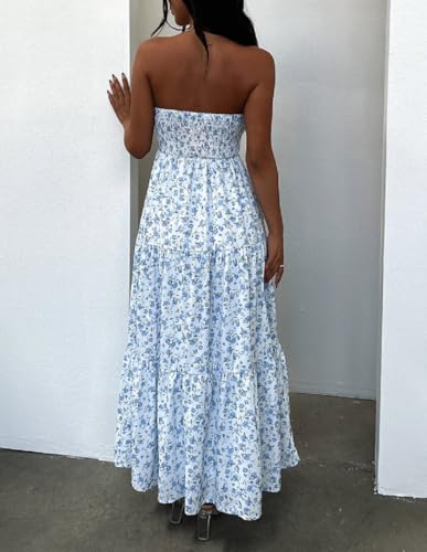 Image of Women Floral Print Maxi Tube Dress Strapless Flowy Long Bandeau Dress Y2K Open Back Sundress Summer Beachwear