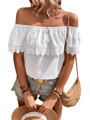MakeMeChic Women's Off The Shoulder Tops Short Sleeve Loose Lace Summer Top