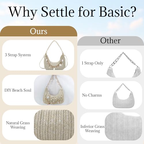 Image of Beach Purse Straw Shoulder Bag for Women, Summer Purse with Shell Pearl Bag Charms & 2Pcs Detachable Strap Chain