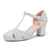 Peijely Womens T Strap Mary Jane Shoes Chunky Block Heel Cut Out Ankle Strap Buckle Dress Dance Pumps Sparkly Silver 40 - US 8.5