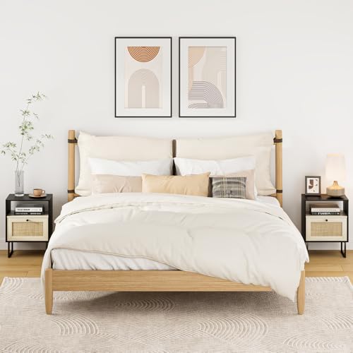 Image of Rattan Nightstand, Boho Night Stand Farmhouse Wood Bedside Table with Storage and Open Shelf, End Side Accent Table for Bedroom,Living Room,Black and Oak