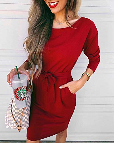 PRETTYGARDEN Women's 2020 Casual Long Sleeve Party Bodycon Sheath Belted Dress with Pockets (Y-Wine Red, Large)