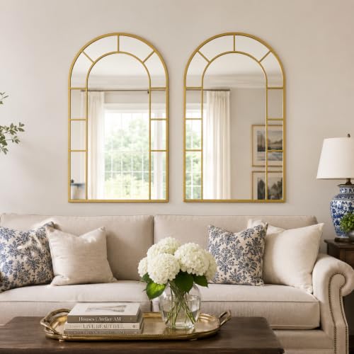 Image of Window Arched Wall Mirror Decor - Farmhouse Gold Arch Mirror for Wall Decor Living Room,Window Pane Frame for Fireplace,Hallway,Dining Room,Entryway, Bedroom,Large 36 inchX24 inch Metal Frame