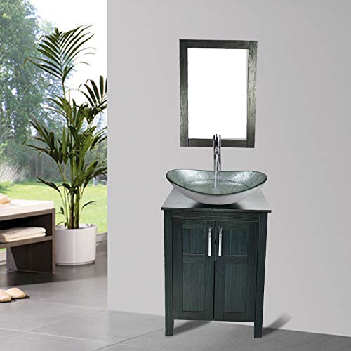 Yanksmark Silver Color Glass Wash Bowl Vessel Sink & Chrome Bathroom Faucet Finish Combo Set Come With Pop Up Drain