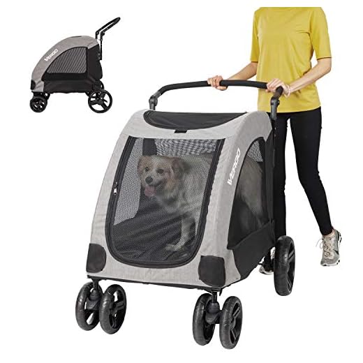 Vergo Dog Stroller Pet Jogger Wagon Foldable Cart with 4 Wheels, Adjustable Handle, Zipper Entry, Mesh Skylight Pet Stroller for Small to Large Dogs and Other Pet Travel (Grey)