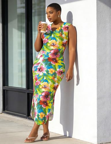 Image of UOUA Women Summer Maxi Dresses Plus Size Casual Hawaiian Sundress Sleeveless Loose Split Beach Dress with Pockets