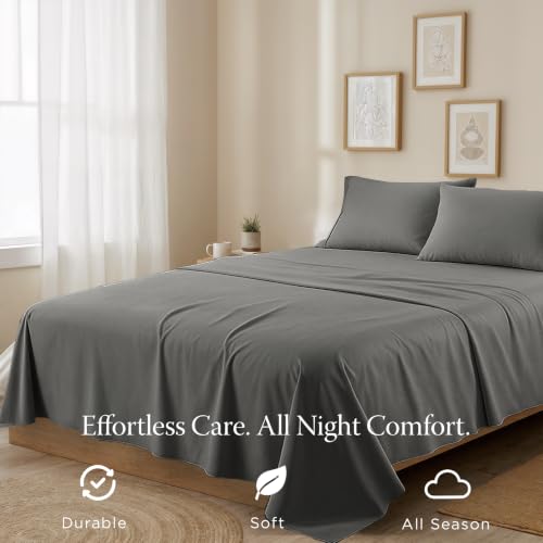 Image of Threadmill 300 Thread Count Cotton King Sheet Set, Sateen, Solid, Dark Grey | 100% Cotton, Sateen Weave, 4-Piece Set, 16 inch Deep Pocket, Cooling, Breathable, All-Season, Lightweight, OEKO-TEX Certified