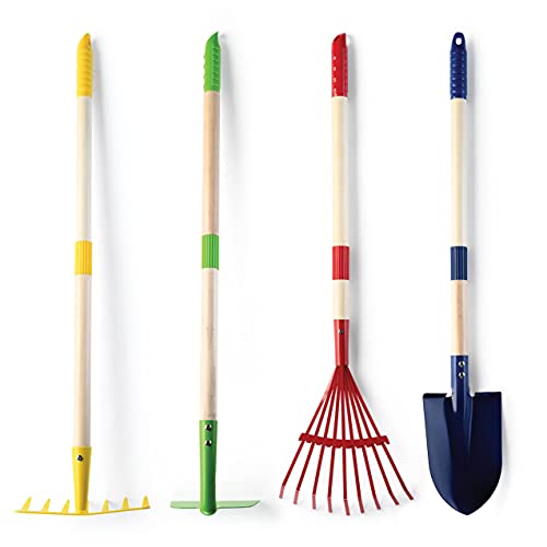 Play22 4-Piece Wooden Gardening Tools Set for Kids - Shovel, Rake, Hoe, and Leaf Rake - Outdoor Yard Work Essentials