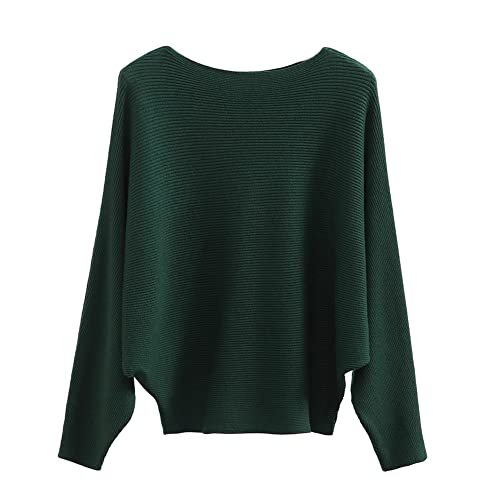 Blostirno Women's Boat Neck Batwing Sleeves Dolman Ribbed Knitted Sweaters Pullovers Tops