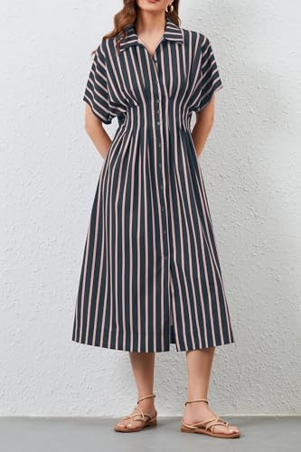 Image of MSBESYOR Women Button Front Pleated Shirt Maxi Dress Summer Striped Prints Short Sleeve Collar Casual Long Dresses