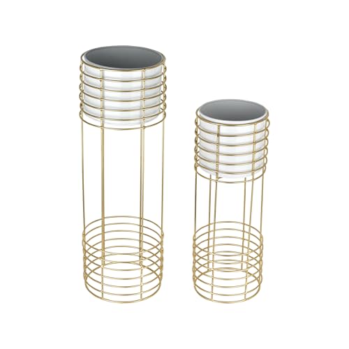 Image of Metal Floor Planter with Stands (Set of 2), Modern Tall Planter for Home Decor, Decorative Plantpot for Living Room Balcony Office, Big Plant Stand with Pots (Plants not Included) (White Pot & Gold Stand)