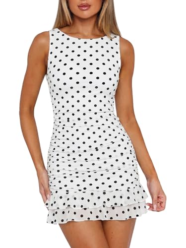 Image of HOCILLE Women's Sexy Bodycon Boat Neck Mini Dresses Sleeveless Ruched Ruffle Hem Club Party Short Dress