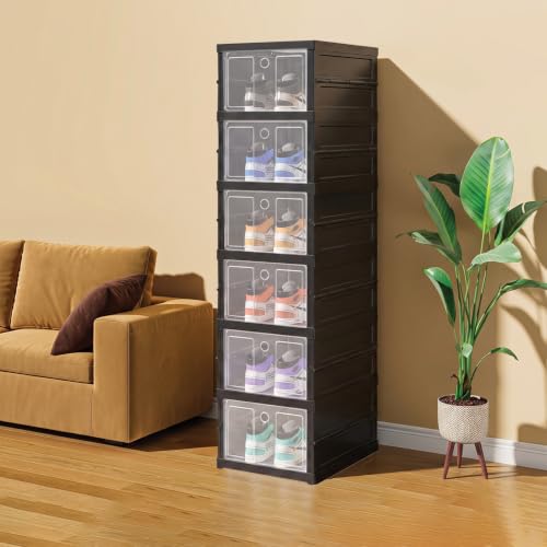 Image of House of Quirk 6-Layer Foldable & Stackable Shoe Cabinet - Transparent Plastic Shoe Boxes with Magnetic Front Door, No Installation Needed, Space-Saving Shoe Organizer (Black)