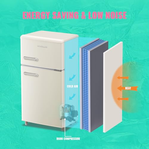 Image of DEMULLER 100L Retro Mini Fridge with Freezer Dual Doors & Handles Compact Refrigerator with 7 Thermostat Control Freestanding Small Fridge with LED Light Cream