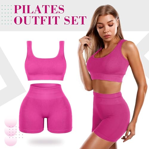 Women’s Yoga Outfits 2 piece Set Workout Tracksuits Sports Bra High Waist Legging Active Wear Athletic Clothing Set (4 Pcs Ribbed Pink, M)