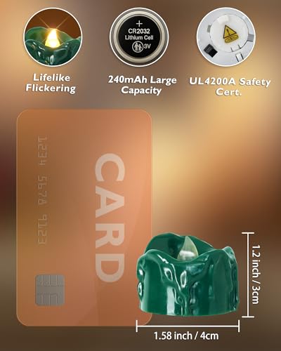 Image of Homemory 24 Pack Green Dripping Flameless LED Tea Lights, 1.58 inch x 1.2 inch Battery Operated Flickering Fake Candles, 200+ Hours Electric Votive Tealights for Wedding, Halloween, Christmas Centerpieces