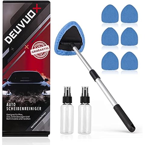 deuvuo Upgraded Windshield Cleaning Tool, Expandable Car Window Cleaner Inside with 6 Reusable Microfiber Pads, 2 Spray Bottles, Multifunctional Auto Interior Windshield Cleaning Wand Glass Tool Cover