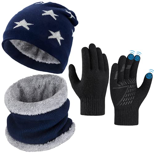 Niño Gorra Bufanda Guante Set - Tejer Lana Polar Calentador Cuello Capa Pantalla Táctil Mitones Suave Invierno Disfraz Correr Moto Bici Fútbol Deporte Frío Esqui Nieve Frozen Snowboard Navidad Año5-10