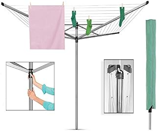 Homatz Rotary Washing Line 4 Arm, 50m Folding Metal Rotary Dryer - Adjustable Umbrella Drying Rack for Clothes - Outdoor Rotary Airer with Ground Spike and Waterproof Cover (Grey)