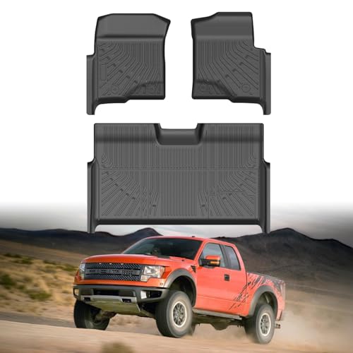 Mixsuper Floor mats fit for 2010-2014 Ford F-150 SuperCrew/Crew Cab with Bucket Seat,All Weather TPE Floor Liners Protection for F-150 Accessories,1st & 2nd Row Full Set Car Mats, Black