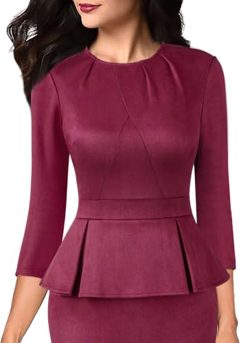 Image of VFSHOW Womens Pleated Crew Neck Peplum Slim Work Business Bodycon Dress | 3 /4 Sleeves, Professional Elegant Church, Funeral, Spring Fall, Fitted Office Pencil Sheath Dress