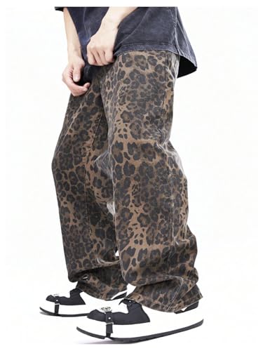 Verdusa Men's Leopard Print Baggy Jeans Grunge Wide Leg Denim Pants with Pockets3