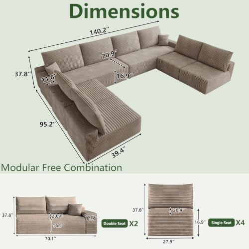 Image of Oversized Modular Sectional Sofa Couch, Large 8 Seater Corner Sofa Modern U Shaped Sectional Couch Cloud Couches for Living Room, Office, Spacious Space, Corduroy, No Assembly Required, Camel