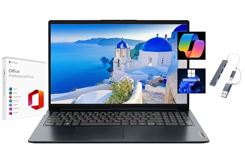 Image of Lenovo Ideapad 1 15.6" FHD Laptop, with Free Lifetime Microsoft Office, AMD Ryzen 5 7520U, 8GB RAM, 1TB SSD, Windows 11 Pro, Abyss Blue, with USB Hub