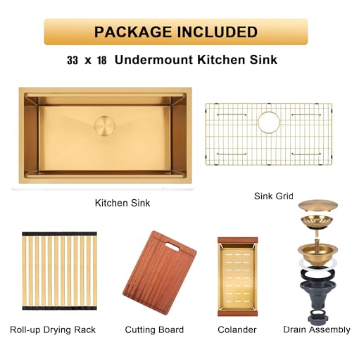 Image of Gold Undermount Kitchen Sink 33 Inch,16 Gauge SUS304 Stainless Steel All In One Workstation Sinks With Full Set Accessories, 33 inch x 18 inch x 10 inch Large and Deep Handmade Single Bowl Kitchen Sinks